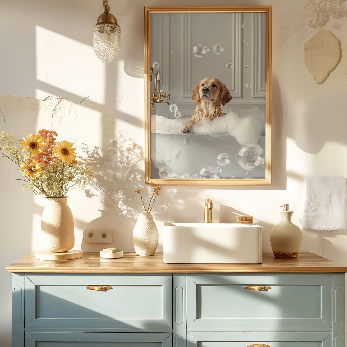 Golden Retriever Bubble Bath Tub Cute Dog Bathroom Decor Art Poster - Image 2