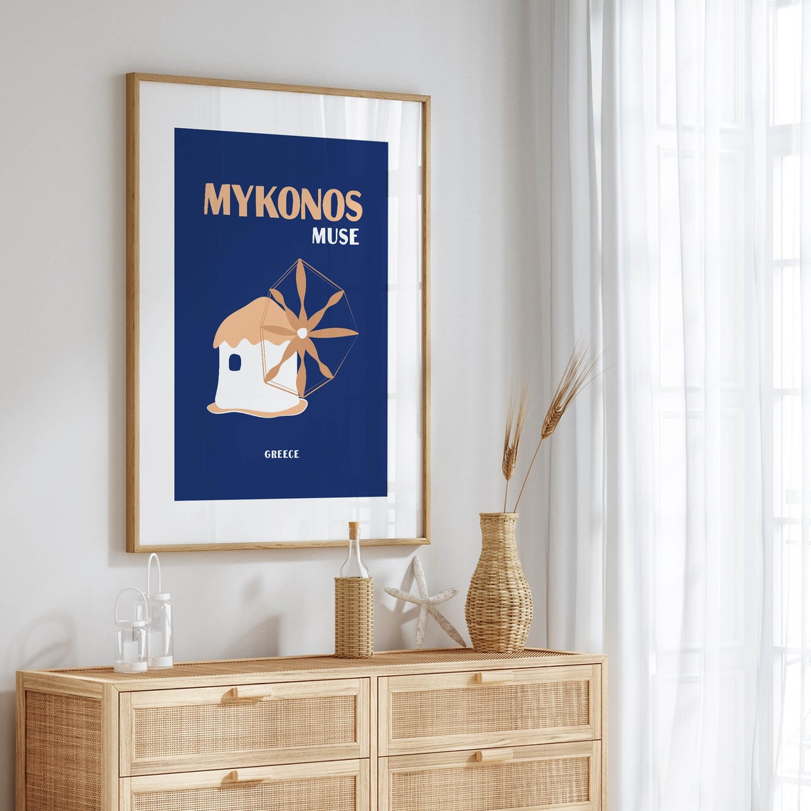 Mykonos Muse Greece White Windmill Navy Blue Travel Art Poster - Image 5