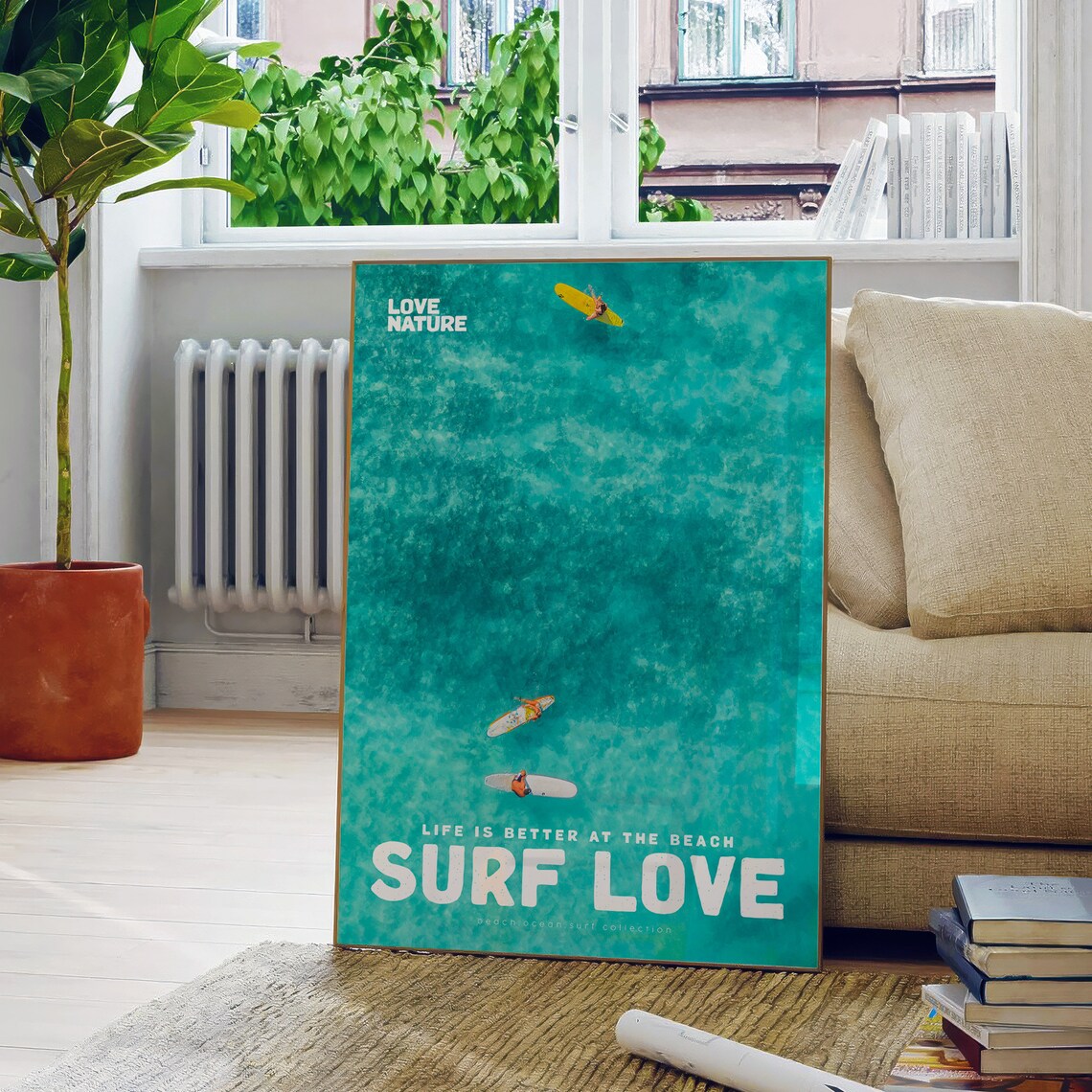 Surf Love Aerial Teal Sea Three Paddleboarders Ocean Water Poster - Image 5