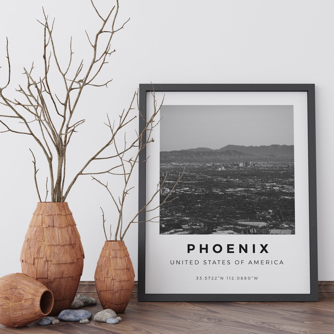 Phoenix Arizona Black and White Cityscape Coordinates Poster