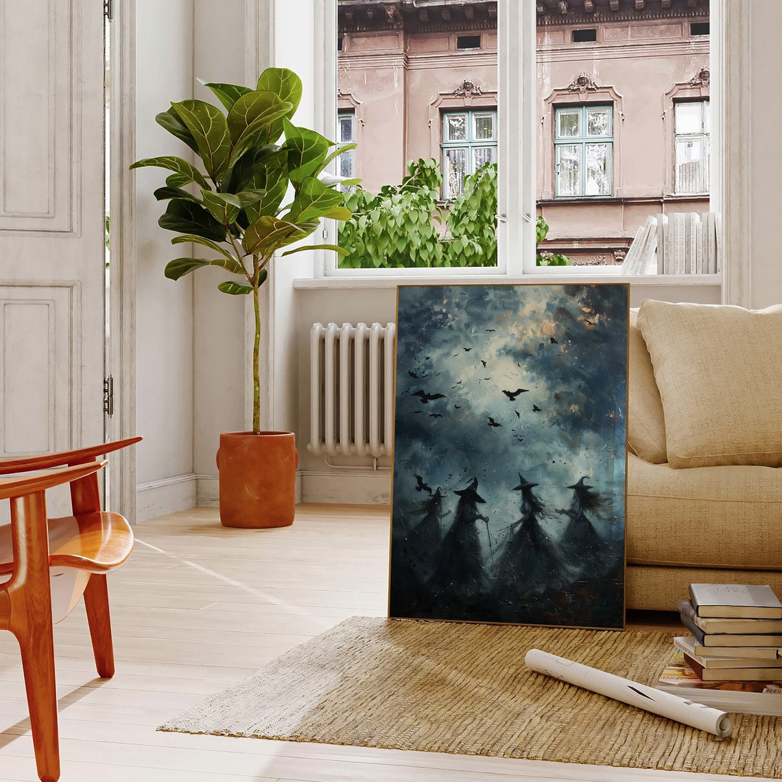 Witch Coven Silhouettes Stormy Night Sky Bats Halloween Poster - Image 4