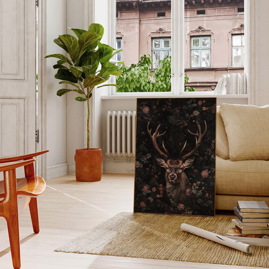 Majestic Stag Portrait Dark Floral Moody Botanical Painting Poster - Image 4