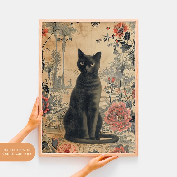 Vintage Black Cat Sitting Among Botanical Flowers Chinoiserie Poster