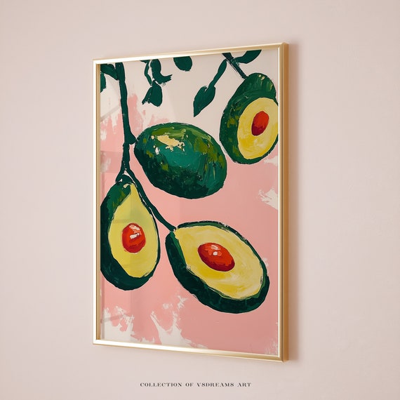 Avocado Art Print Avocado Painting Retro Food Art Kitchen Decor Dining Room Artwork Kitchen Wall Decor Apartment Decor Fruit Artwork