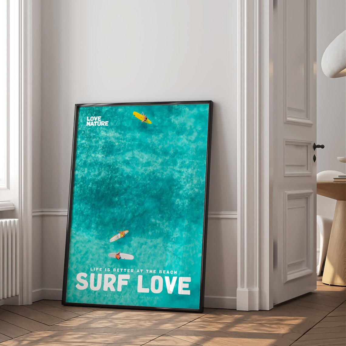 Surf Love Aerial Teal Sea Three Paddleboarders Ocean Water Poster - Image 2
