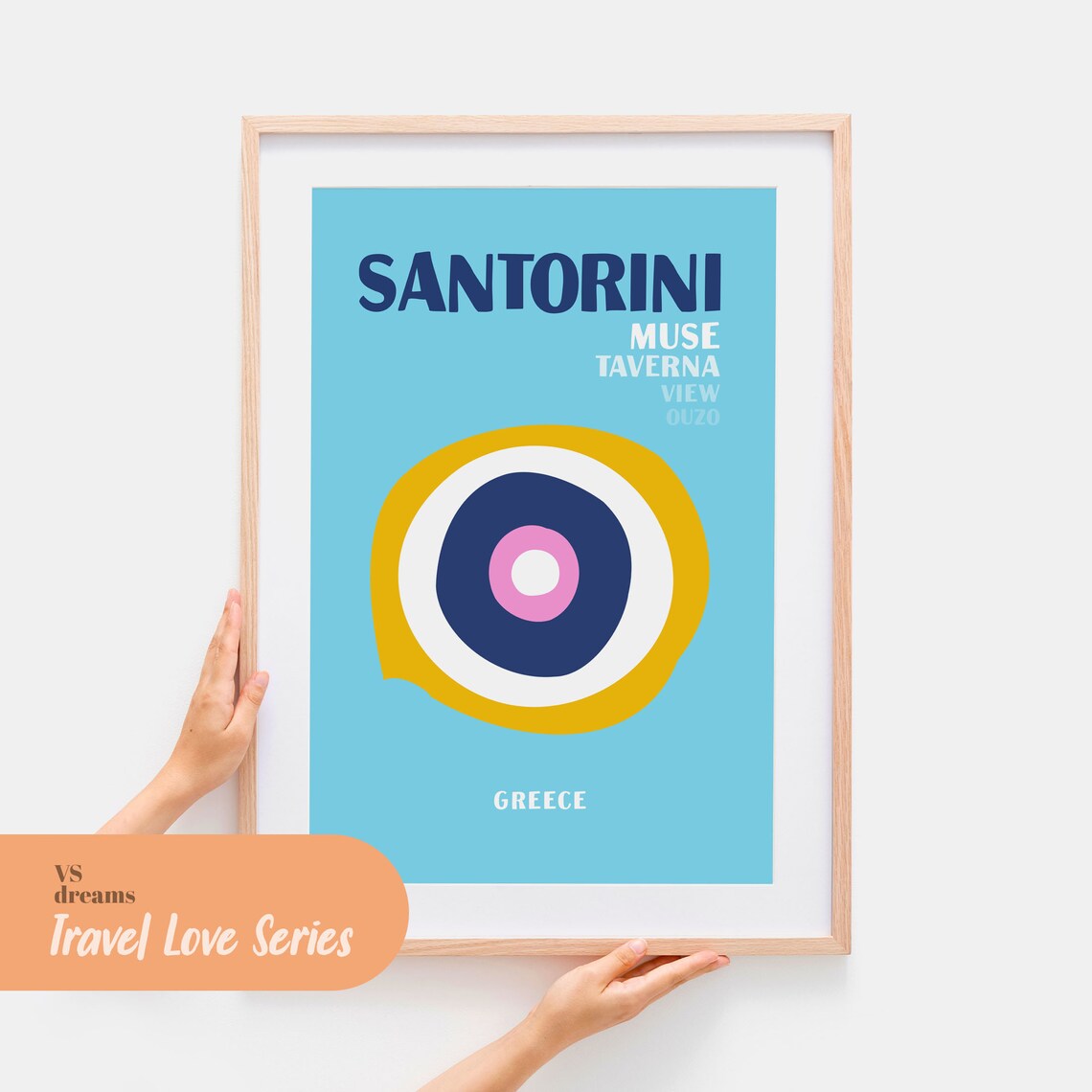 Santorini Greece Evil Eye Taverna Ouzo Blue Travel Souvenir Art Poster