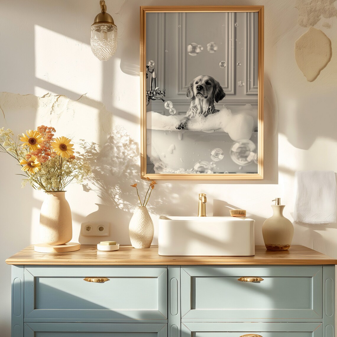 Golden Retriever In Tub, Bathroom Dog Art Print - Image 2