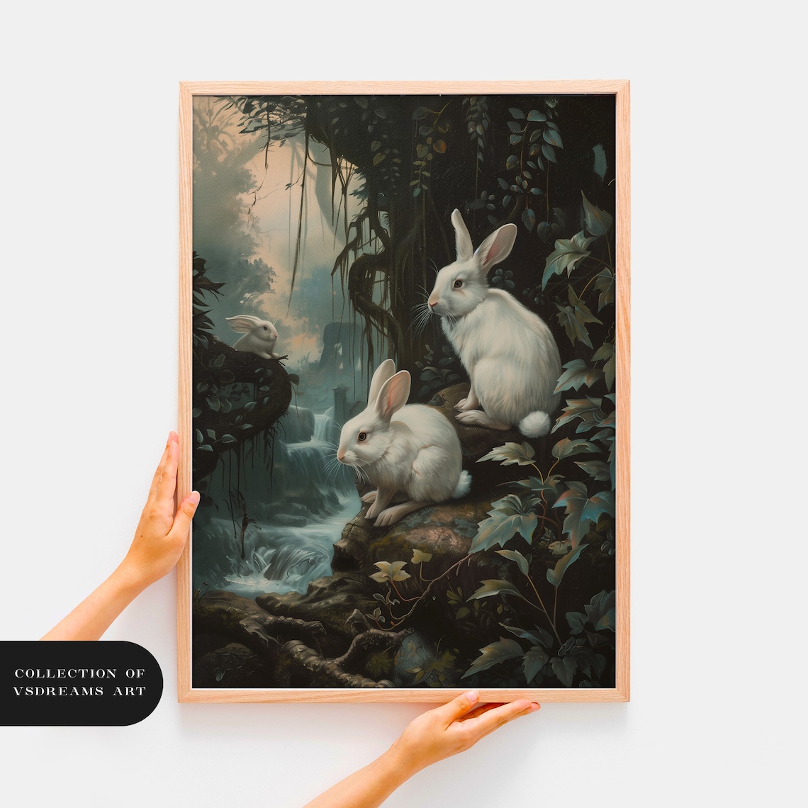 White Rabbits Misty Forest Stream Dark Woodland Animal Painting Poster - Image 3