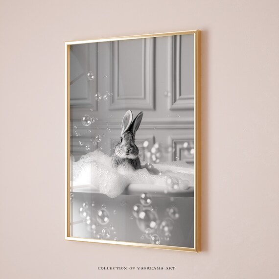 Rabbit Bubble Bath Black White Funny Bathroom Photo Art Poster