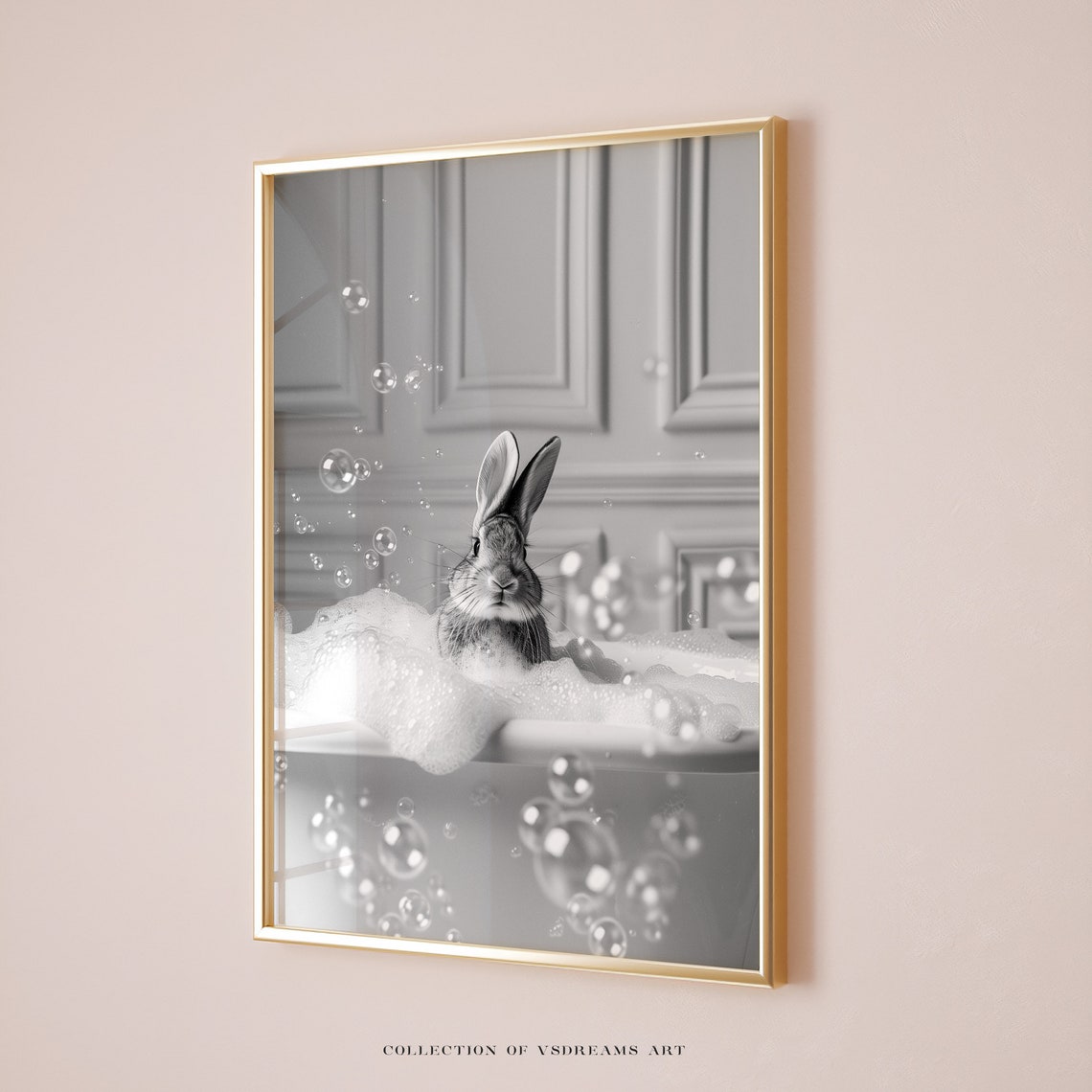 Rabbit Bubble Bath Black White Funny Bathroom Photo Art Poster