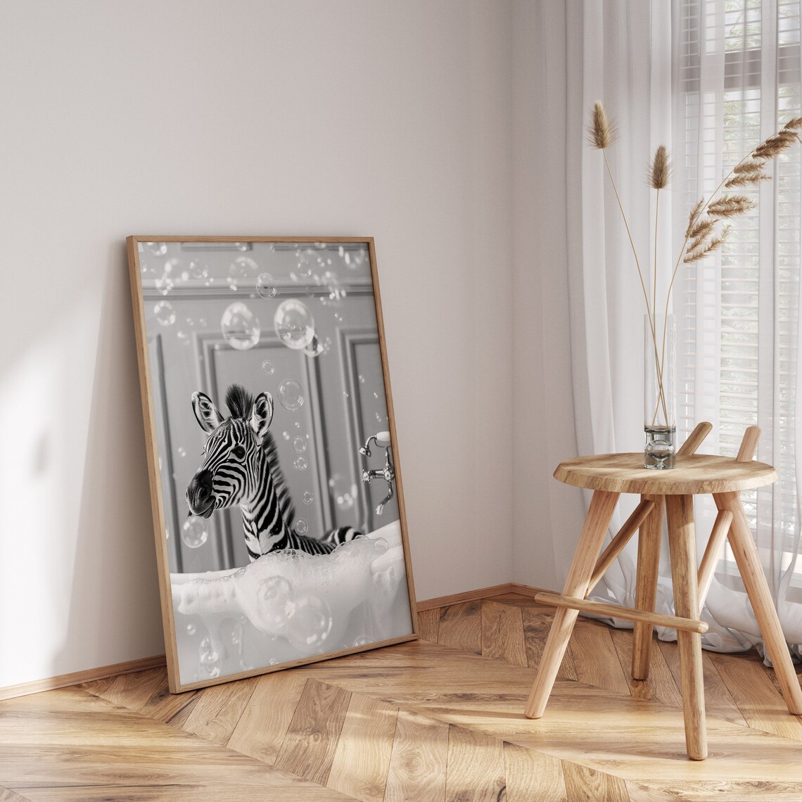 Funny Zebra In A Bathtub With Bubbles Black And White Animal Photo Poster - Image 3