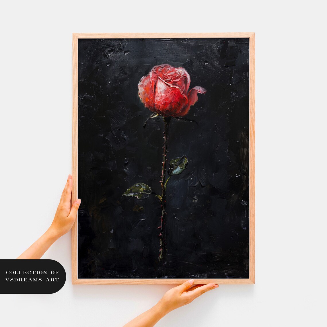 Dark Romance Red Rose Oil Painting Single Bloom Black Art Poster - Image 2