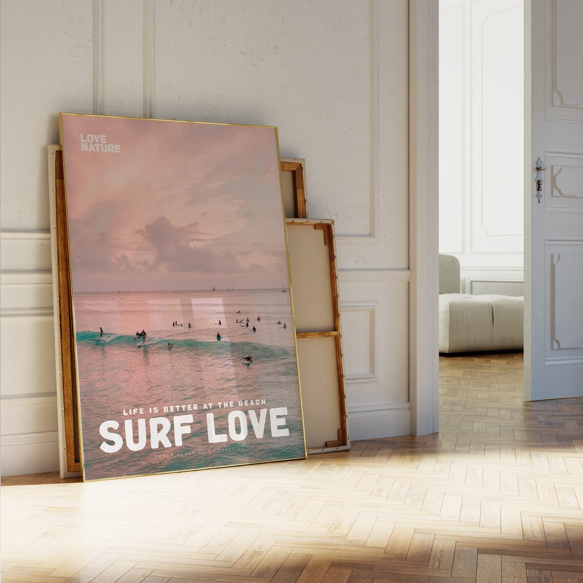 Surf Love Pastel Pink Ocean Surfers On Waves Beach Scene Poster - Image 5