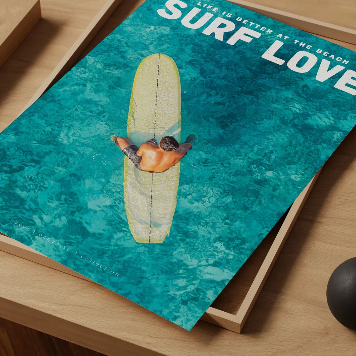 Surf Love Aerial Surfer On Longboard Clear Turquoise Sea Poster - Image 4
