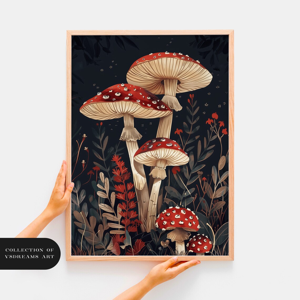 Red Fly Agaric Mushroom Woodland Night Dark Cottagecore Art Poster - Image 3