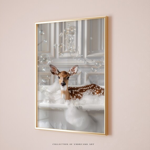 Cute Doe In Tub Wall Art Deer Photo Bathroom Poster Nursery Bath Decor Safari Bath Art Deer Print Doe Nursery Print Doe Art
