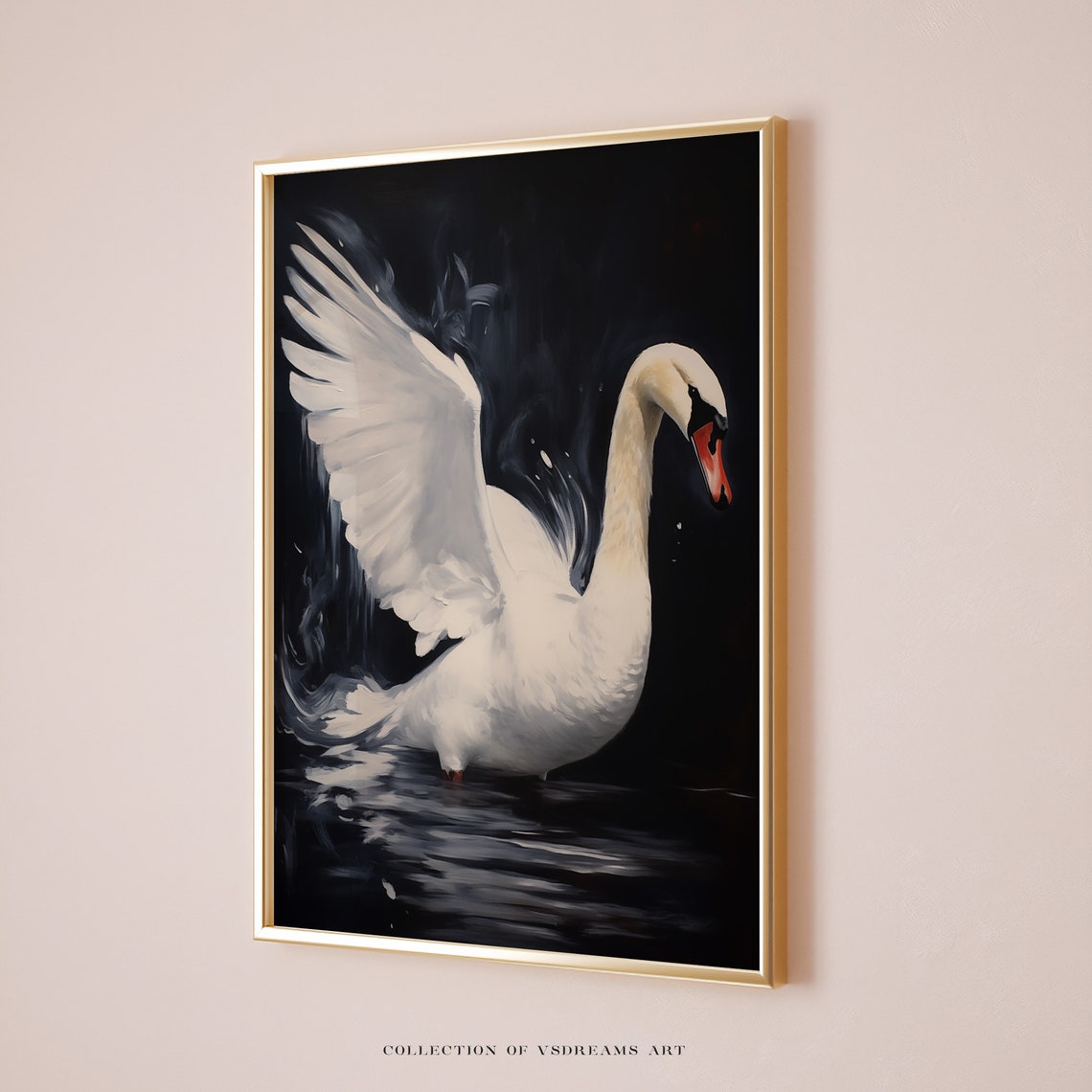 White Mute Swan Raised Wing Dark Water Moody Painting Poster