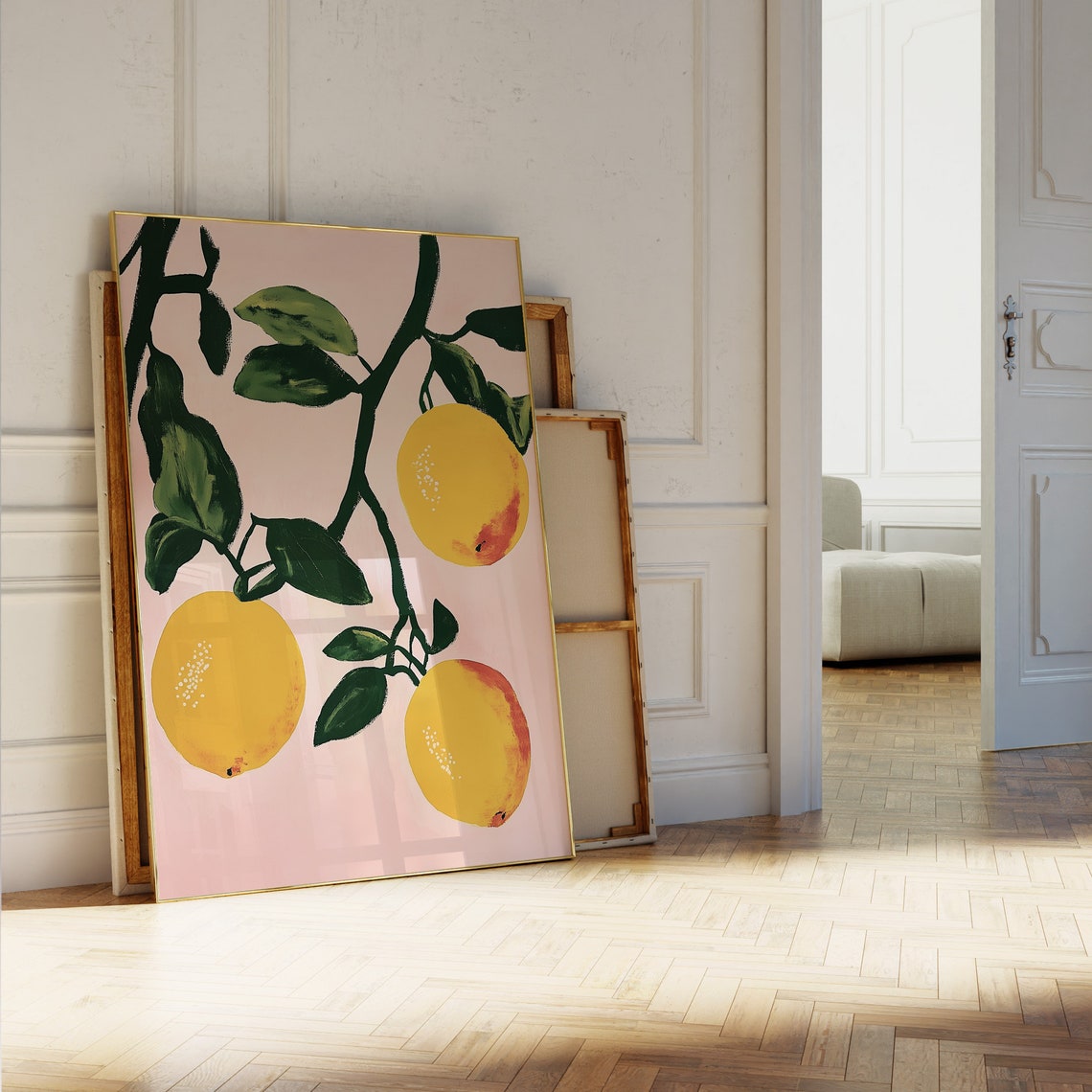 Three Lemons on Branch Pink Background Retro Kitchen Art Poster - Image 5