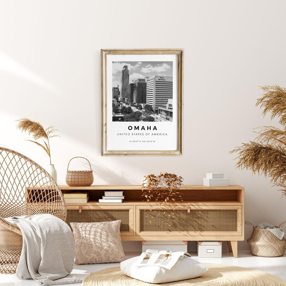 Omaha Nebraska Black and White Downtown Skyline Coordinates Poster - Image 3