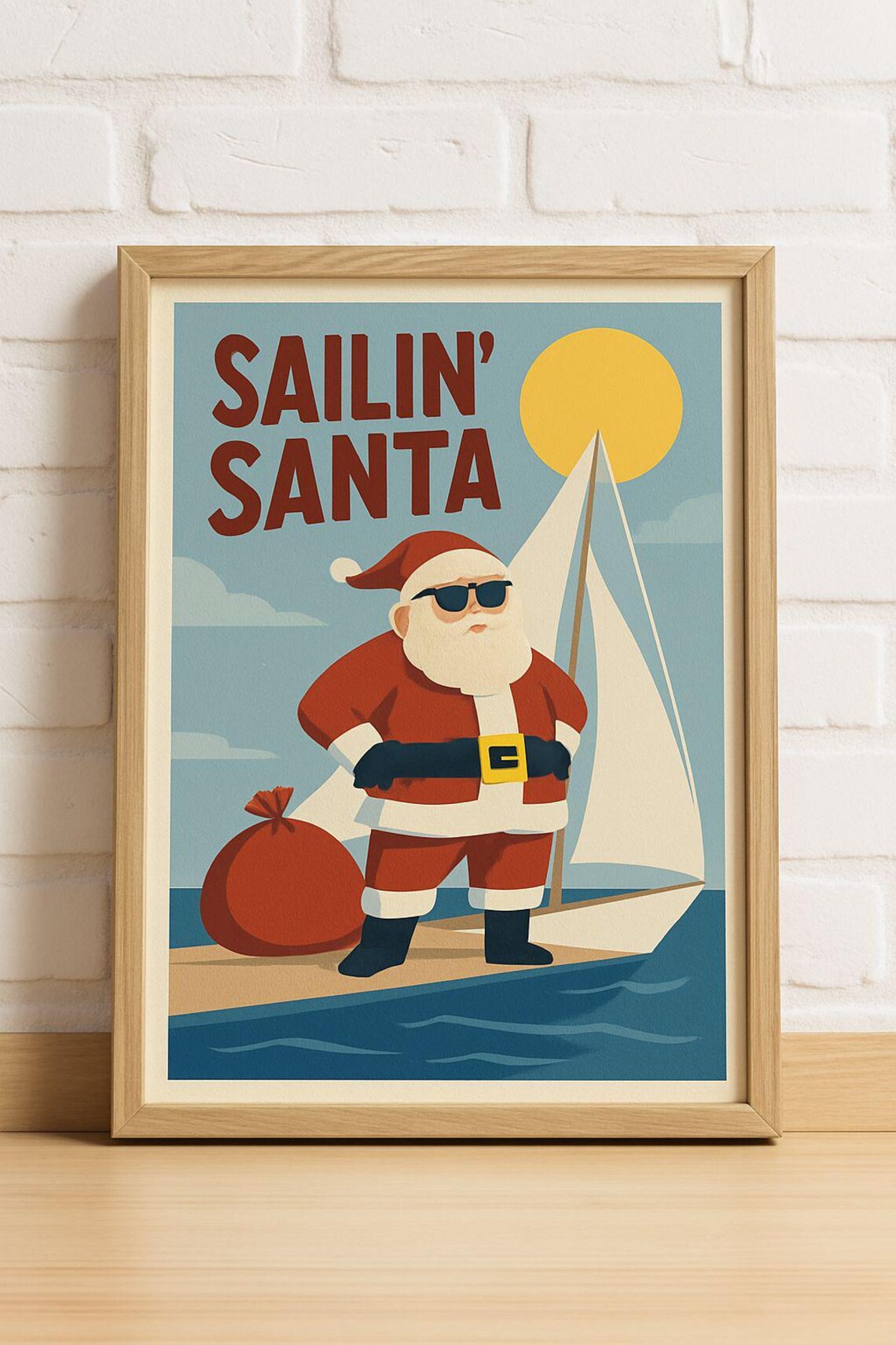 Sailin Santa Cool Sunglasses Sailboat Beach Christmas Retro Fun Poster