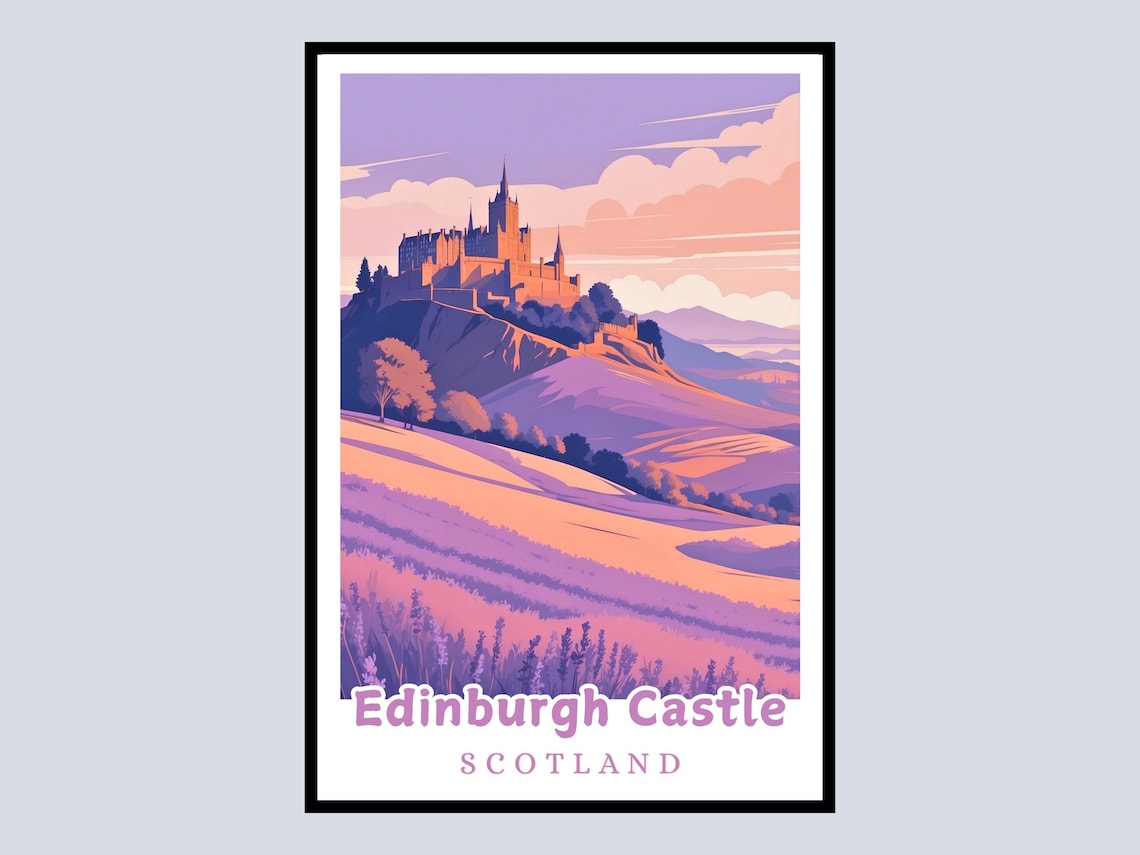 Edinburgh Castle Scotland Travel Poster Lavender Sunset Historic Landmark