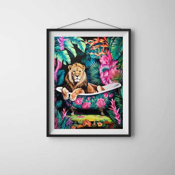Lion Bathroom Wall Art, Tropical Funny Poster