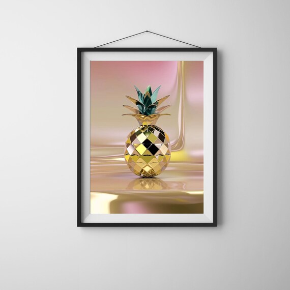 Gold Disco Ball Pineapple Wall Art Modern Tropical Luxury Decor