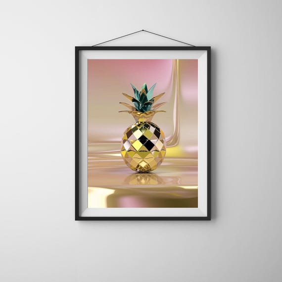 Pineapple Disco Wall Art Funky Fruit Print Gold Tropical Poster Boho Kitchen Modern Retro Decor