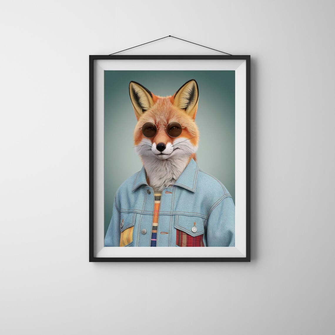 Fox Wearing Denim Jacket and Sunglasses Hipster Animal Portrait Wall Art