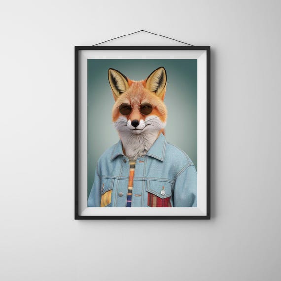 Fox Wall Art Cool Animal Portrait Funny Wearing Glasses Anthropomorphic Print Hipster Poster Decor