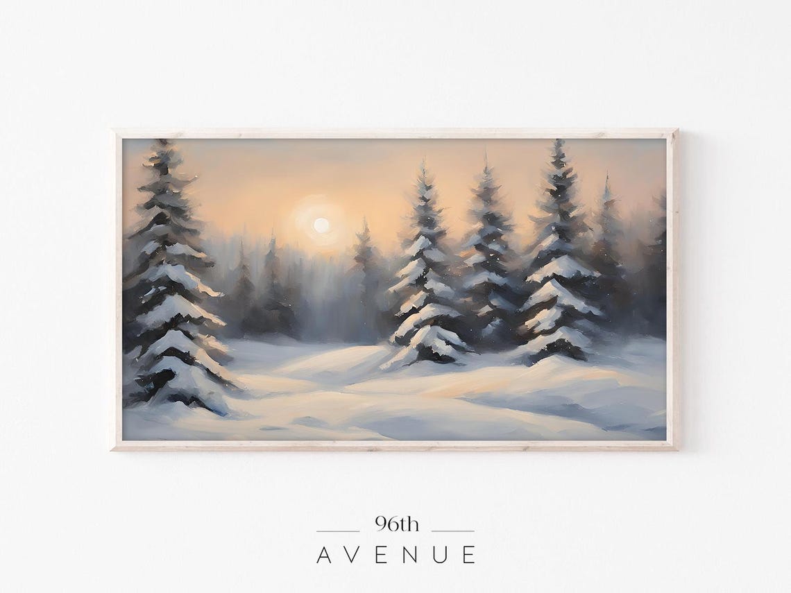 Snowy Evergreen Forest at Sunrise Winter Landscape Painting Print