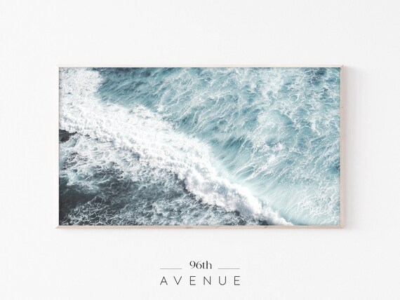 Aerial Ocean Wave Crashing White Foam Turquoise Sea Texture Print