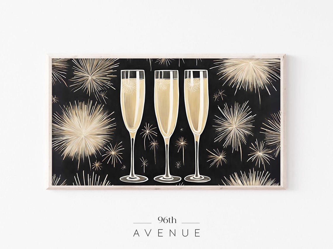 Elegant Champagne Flutes Gold Fireworks New Year Black Art Poster