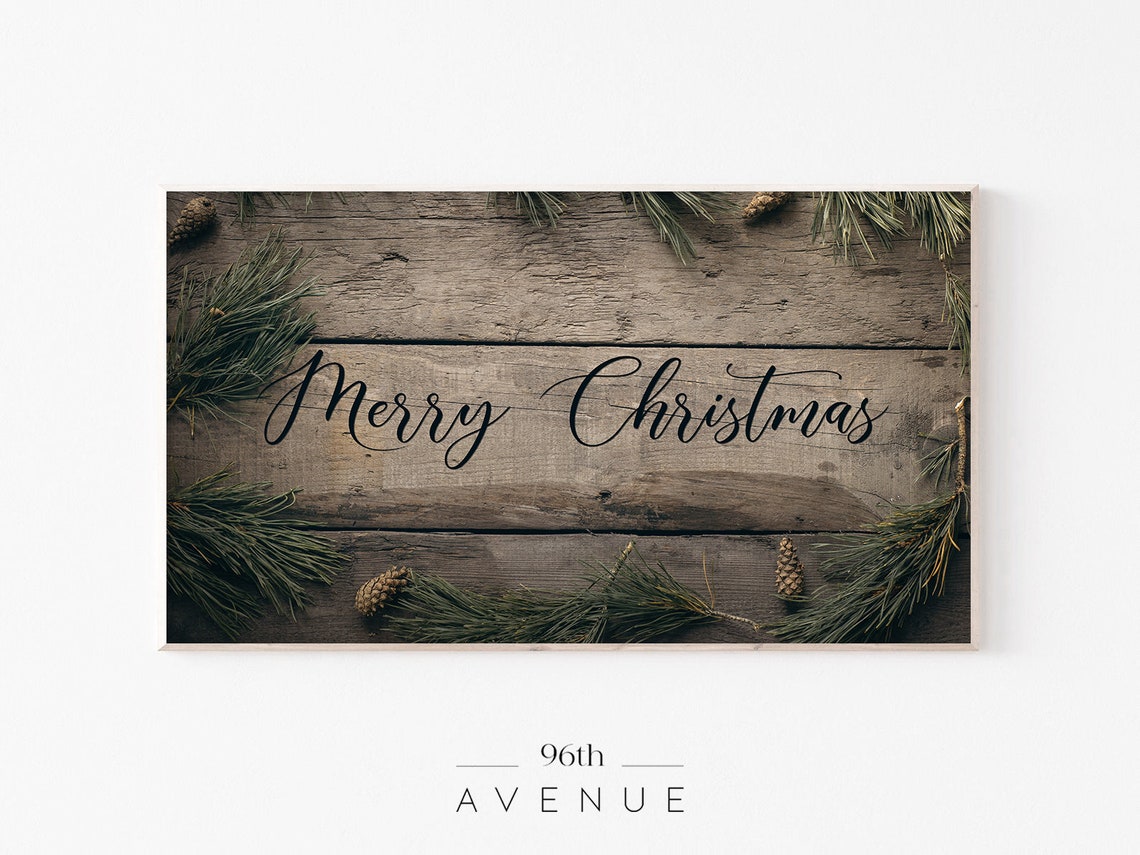 Farmhouse Rustic Merry Christmas Script on Wood Plank With Pine Poster