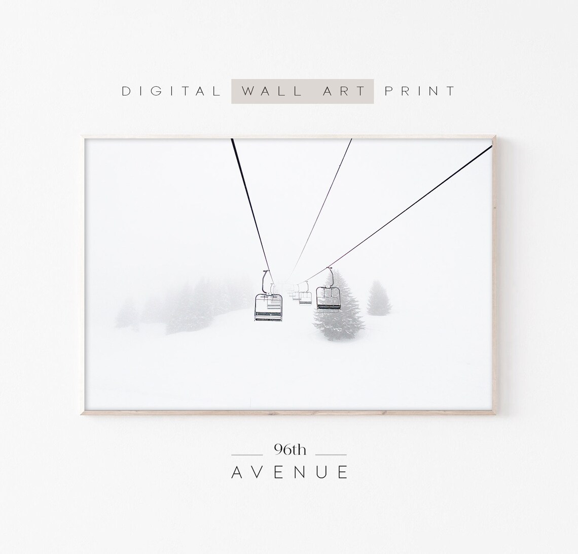 Ski Lift Cables Minimalist Chairlift Foggy Snowy Mountain Poster