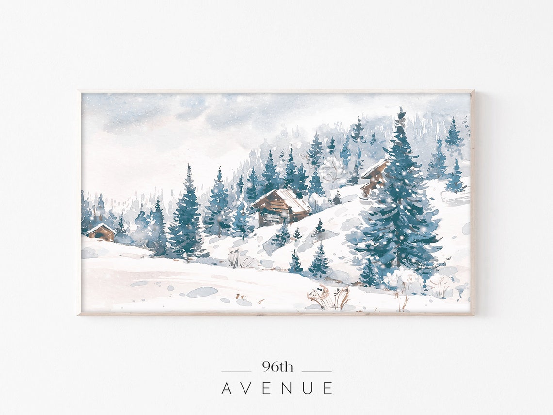 Watercolor Snowy Cabins Among Blue Spruce Trees Winter Poster