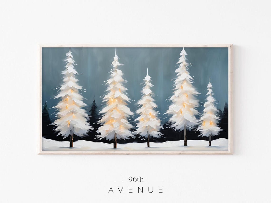 White Snowy Christmas Trees With Lights Teal Winter Painting Print