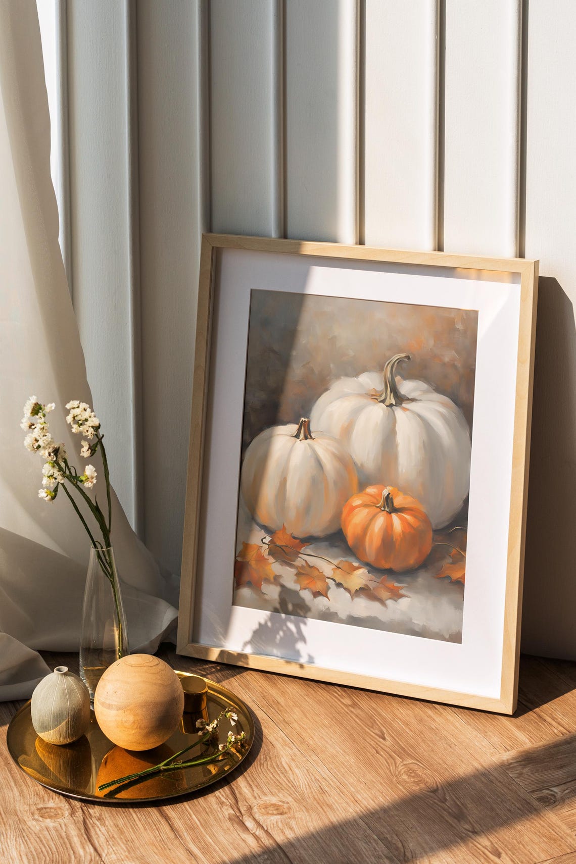White Pumpkins And Fall Leaves Vintage Still Life Painting Poster - Image 2