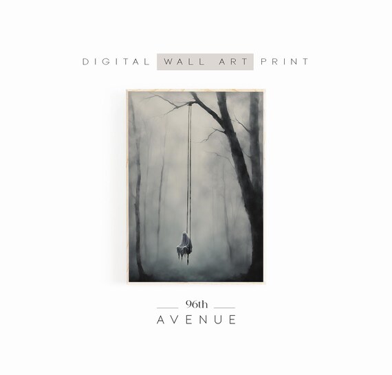 Lonely Ghost on Swing in Foggy Dark Forest Moody Halloween Wall Art