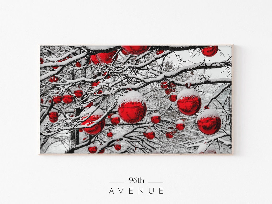 Red Christmas Baubles on Snow Covered Winter Tree Branches Poster