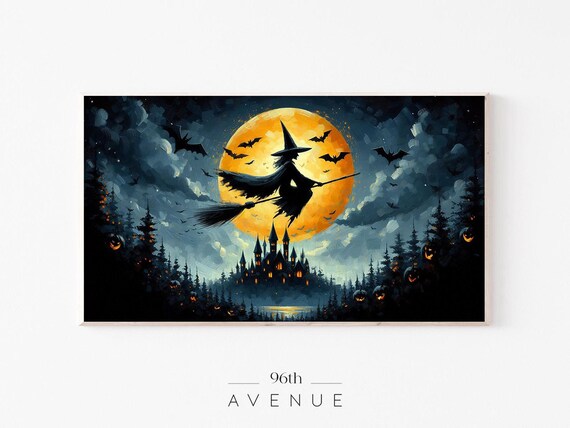 Witch Flying On Broom Over Full Moon Spooky Halloween Art Poster