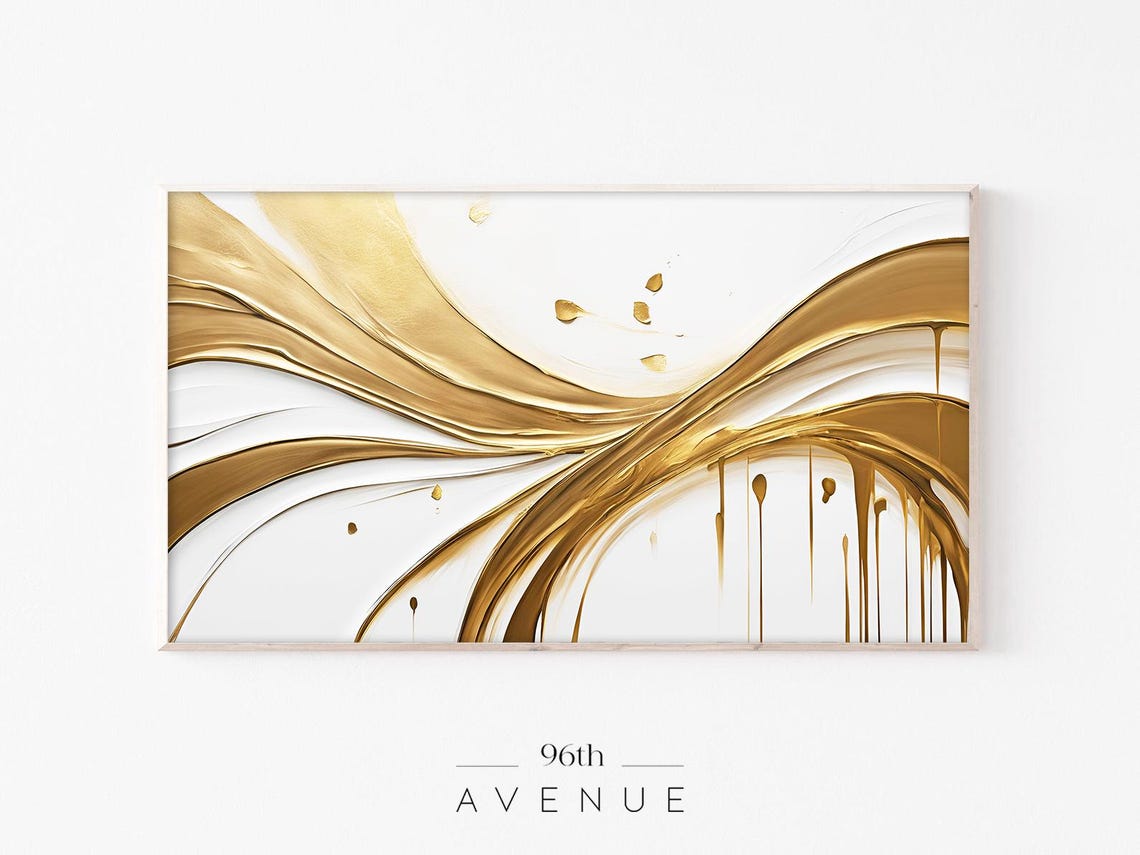 Gold And White Swirling Abstract Painting With Drips Modern Art Print