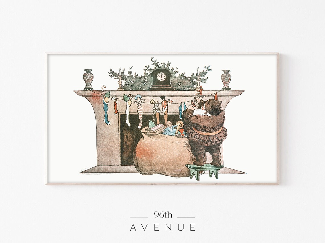 Vintage Santa Claus Filling Stockings by the Fireplace Art Poster