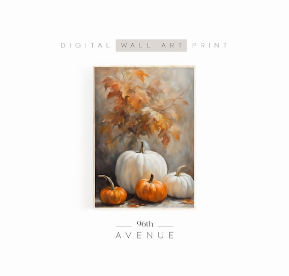 White and Orange Pumpkins Fall Still Life Vintage Painting Wall Art