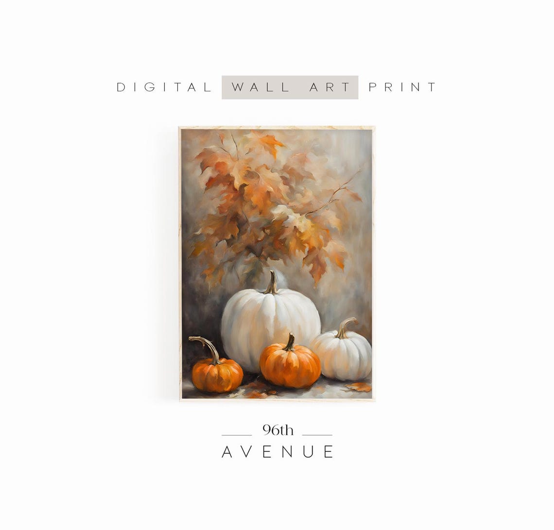 White and Orange Pumpkins Fall Still Life Vintage Painting Wall Art