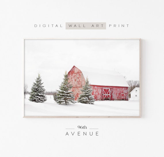 Winter Red Barn Christmas Art Print