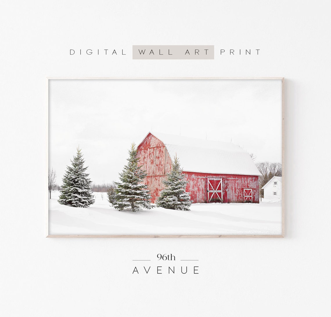 Winter Red Barn Christmas Art Print