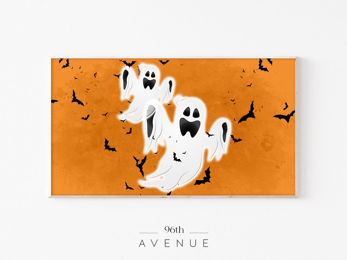 Two Smiling Ghosts With Bats on Orange Halloween Night Sky Poster