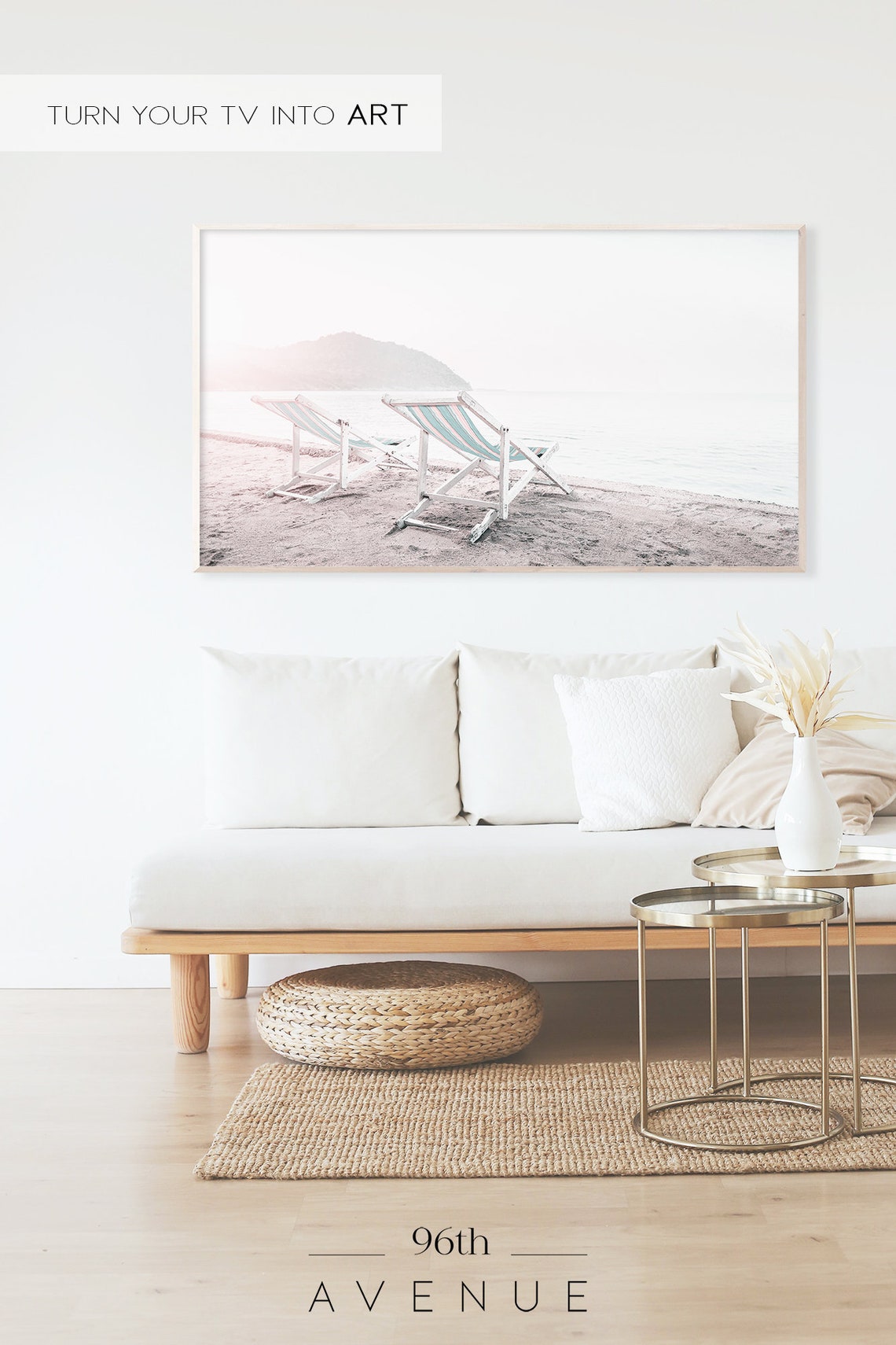 Striped Deck Chairs on a Quiet Beach Soft Pastel Coast Poster - Image 2