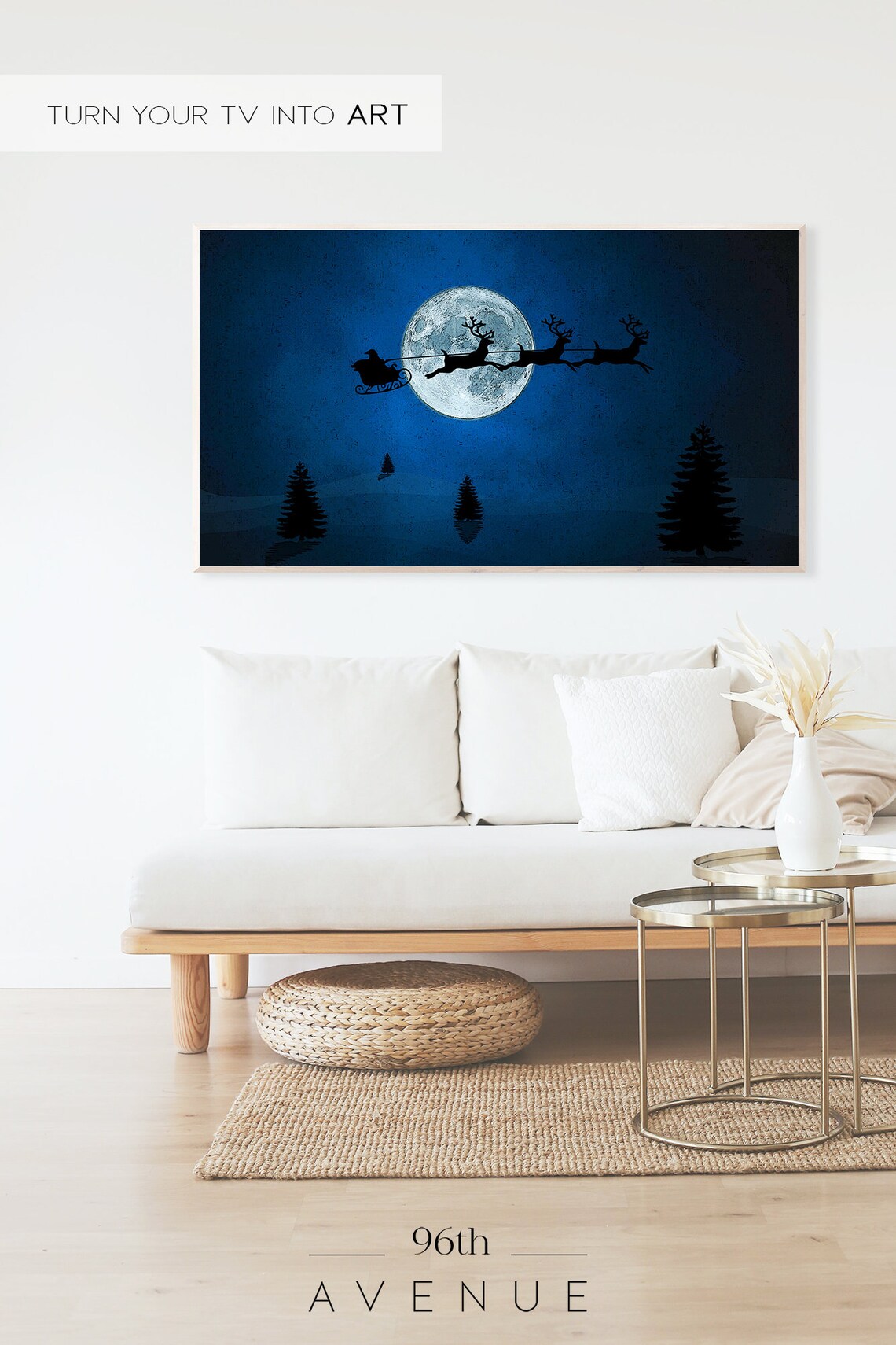 Santa Sleigh Silhouette Flying Across Full Moon Winter Night Poster - Image 2